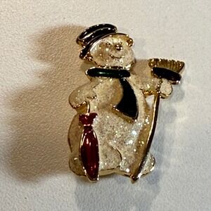Vintage Snowman Brooch Pin Sparkly Enamel Top Hat Holiday Winter Festive Jewelry